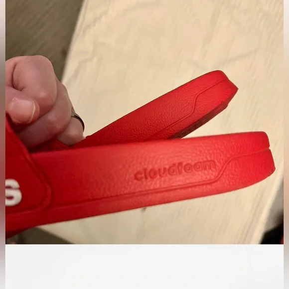 Adidas Men’s Red and White Striped Slides | Size 9 Men’s / 11 Women’s - Picture 5 of 5